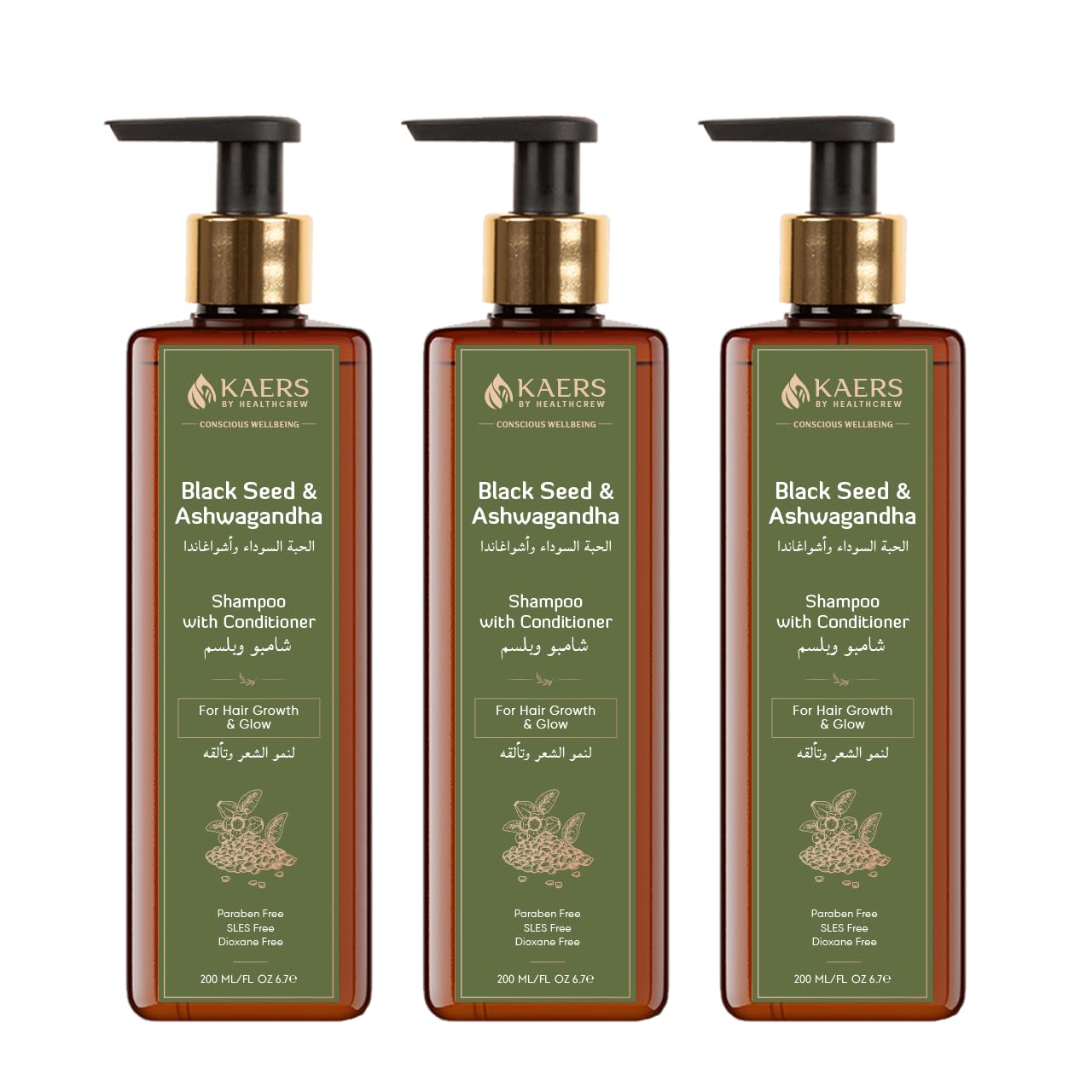 Kaers by Healthcrew Herbal Ashwagandha Shampoo | Optimal Hair Growth & Lustrous Glow | Infused with Natural Ingredients | Paraben-Free Formula for Silky, Smooth & Vibrant Hair - 200ml (Pack of 3)