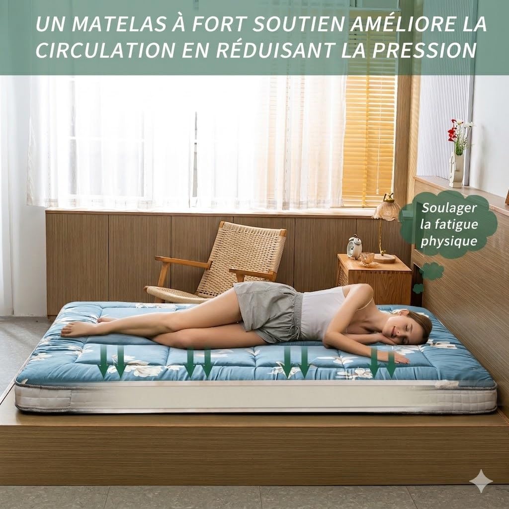 MAXYOYO Matelas futon - Matelas de Sol Japonais rembourré - Lit Pliant matelassé en Coton - Matelas Respirant - Tatami - Chaise Longue pour invités (Magnolia, 90 x 190 cm)