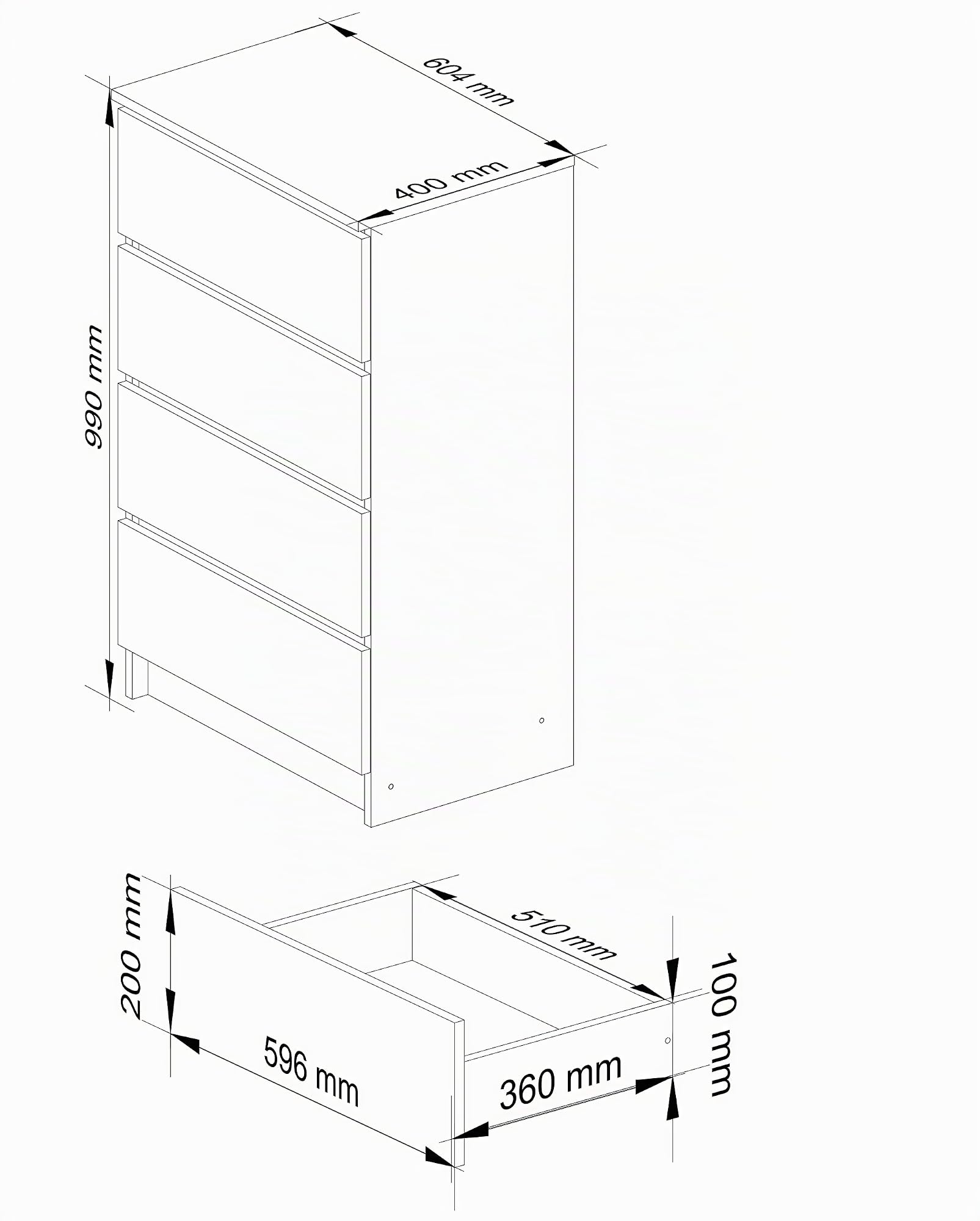 AKORD Kommode K60 60 cm | 4 Schubladen | Schrank | für das Wohnzimmer | für das Schlafzimmer | B60 x H99 x T40 cm | Gewicht 29,80 kg | Sonoma Eiche/Weiß