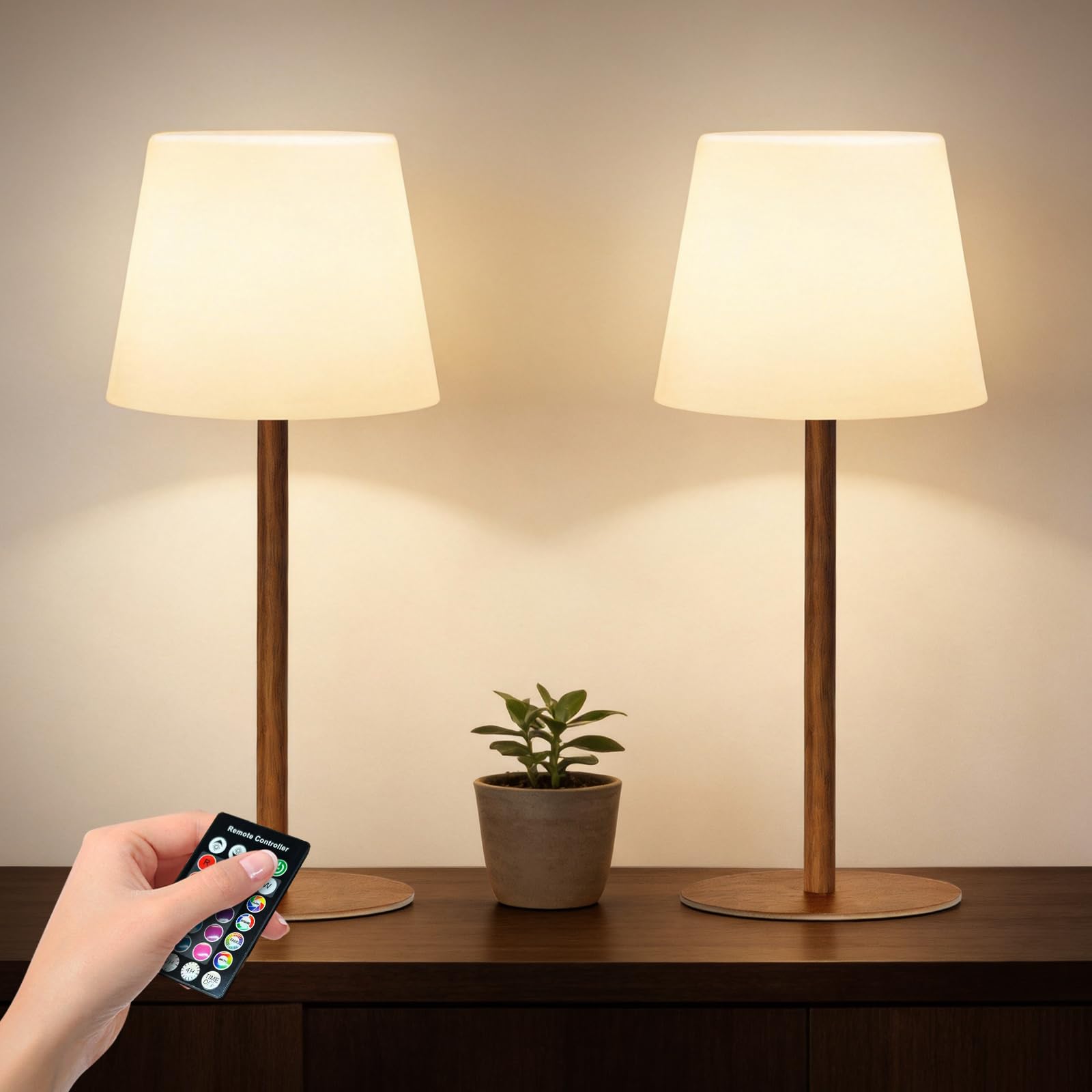 2er Set kabellose Tischlampe mit Fernbedienung, IP64 spritzwassergeschützt, Weißlicht bis 130 lm + RGB, 4000mAh Akku, 2 Höhen 27/41cm, stufenlos dimmbar, Timer, für innen & außen