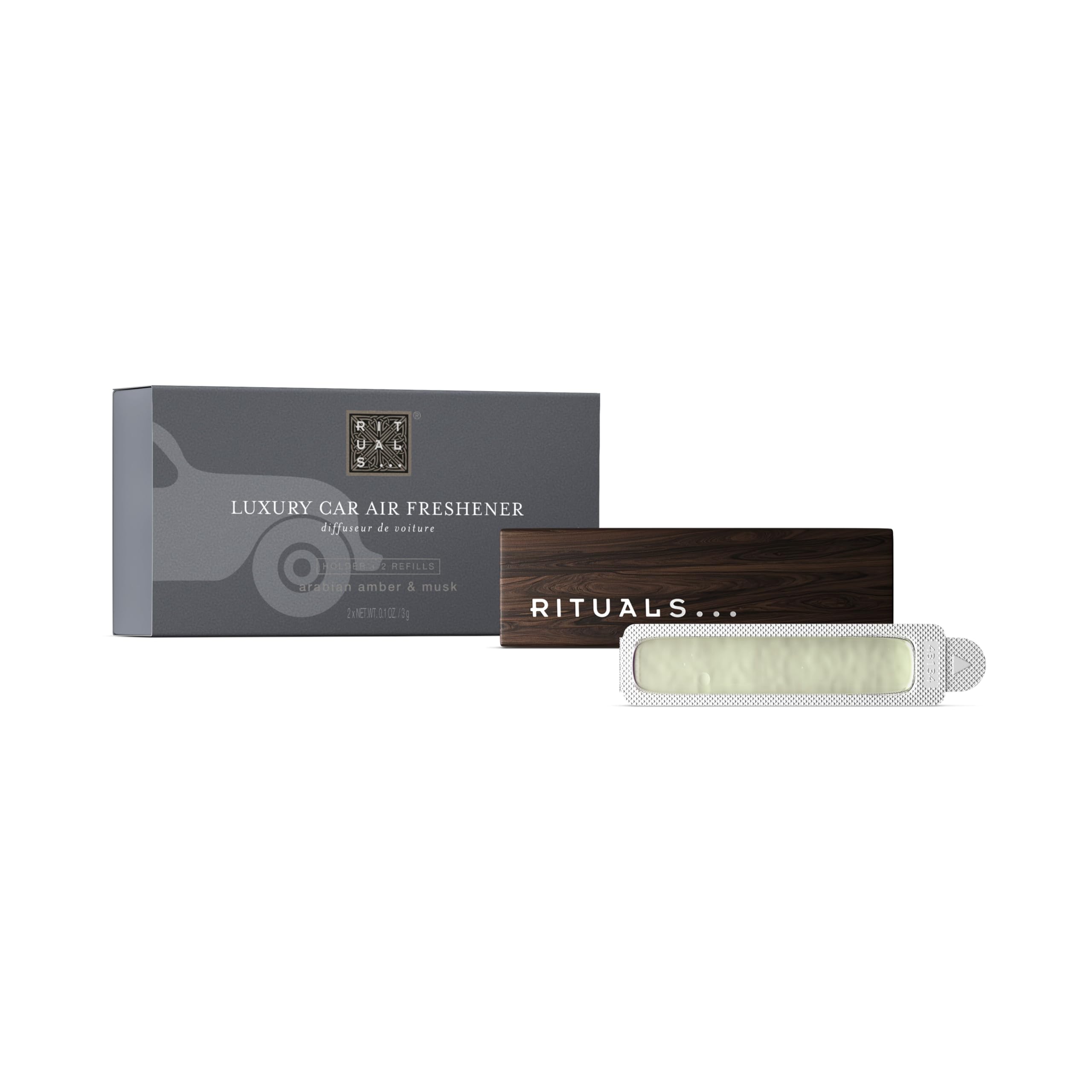 RITUALS The Ritual of Homme Ambientador de Coche Set – 1 Soporte de Madera Reutilizable + 2 Recargas – Ámbar Árabe y Almizcle – 2 x 3 g
