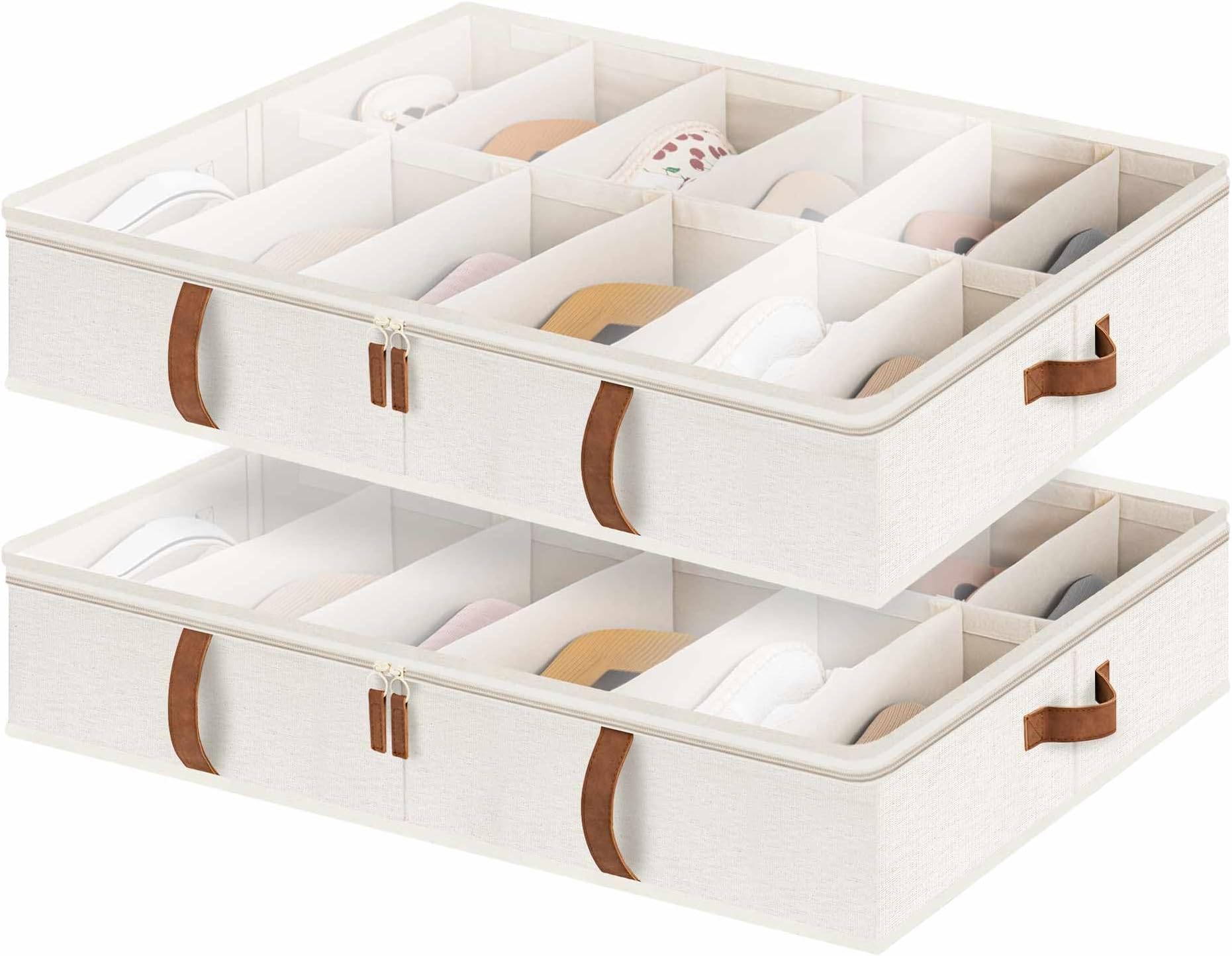 StorageWorks Under Bed Shoe Storage Organiser, Underbed Shoes Container with Adjustable Dividers Fits up to 24 Pairs, Underbed Shoe Storage Boxes with Cover, Space-Saving Shoe Box, Beige, 2-Pack