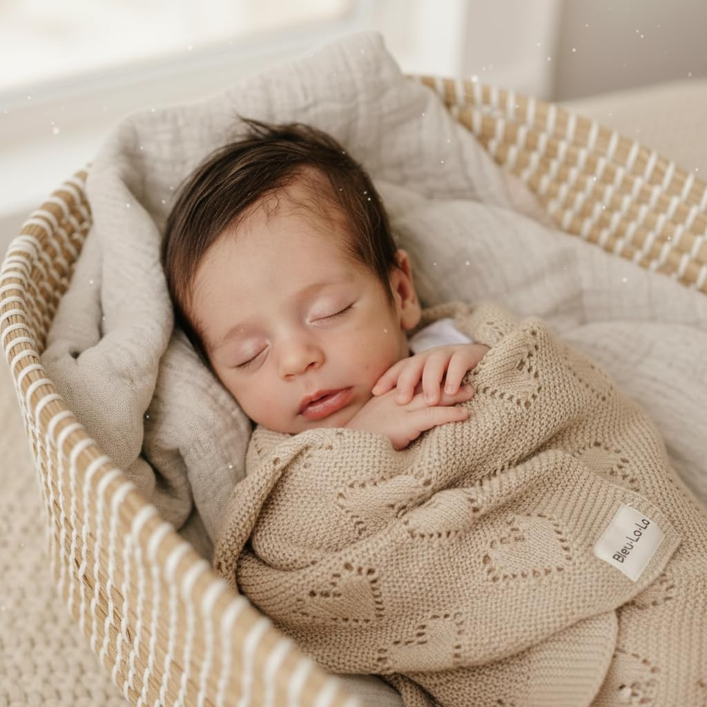 Herz Babydecke - 100% Luxuriöse Weichbaumwollstrick Warme Gemütliche Kuscheldecke für Kinderwagen und WiegePuckdecke für Neugeborene Säuglinge und Kleinkinder (Haferflocken)