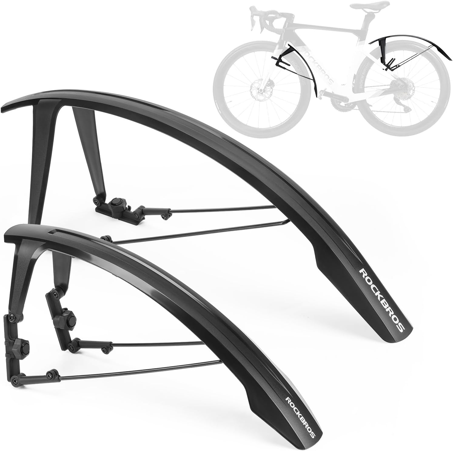 ROCKBROS Black Bike Fenders Set, Adjustable Front and Rear Mud Guards for 700c Road Gravel Bikes & 26-27.5" Mountain Bikes, Quick Release Bicycle Mudguard Accessories