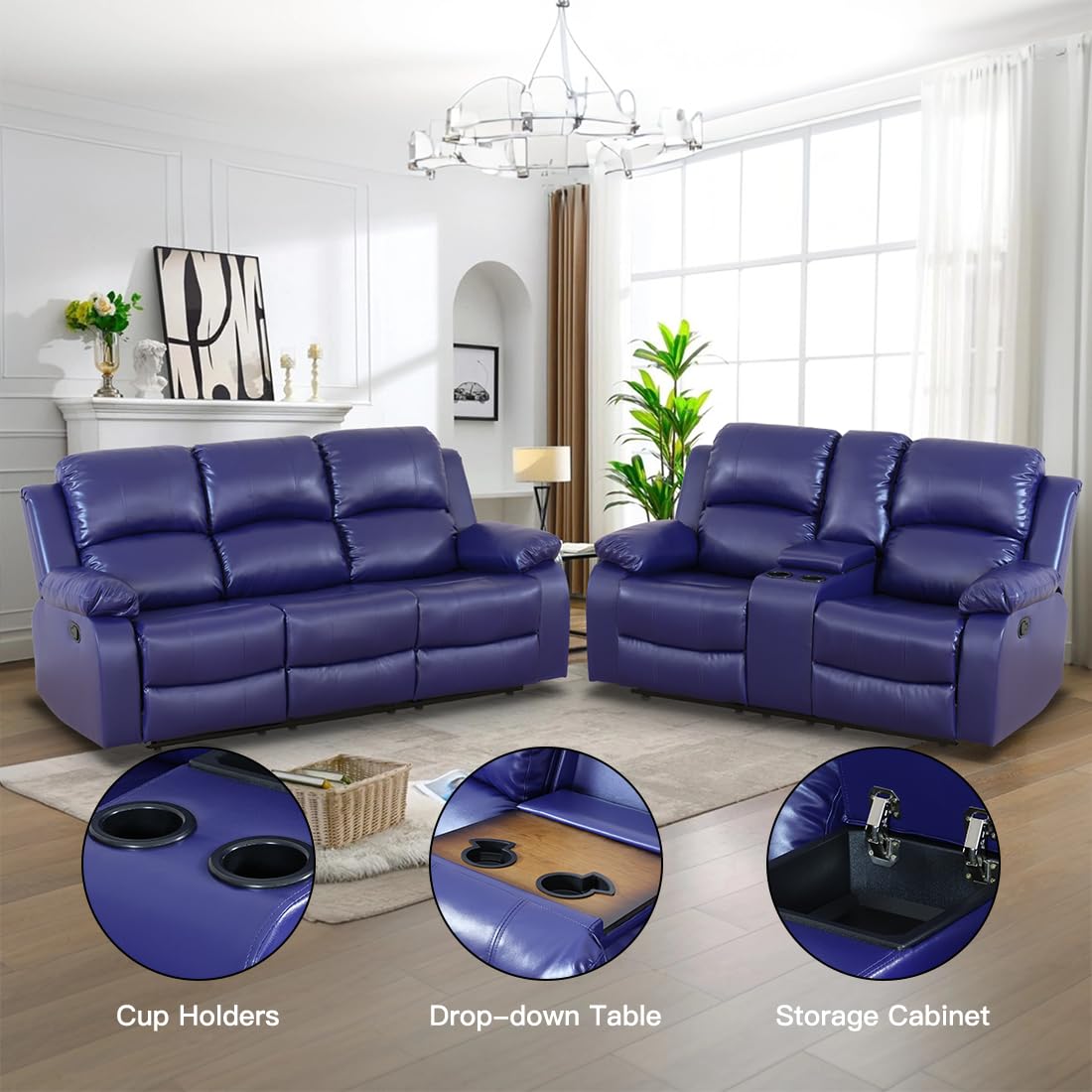Toseslo Living Room Furniture Sets, Manual Reclining Sofa and Lovseat Set with Drop-Down Table, Leather Recliner Couch Sets, Recliner Sofa with Storage Console/Cup Holder for Home/Apartment(Blue) view 3