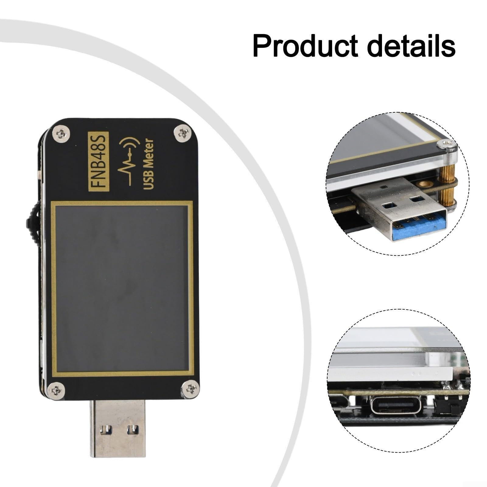 Voltímetro de corriente USB FNB48S con pantalla de 1.77 pulgadas para detección de protocolo de carga rápida QC4+ PD3.0 y análisis de capacidad de batería (sin control de aplicación)