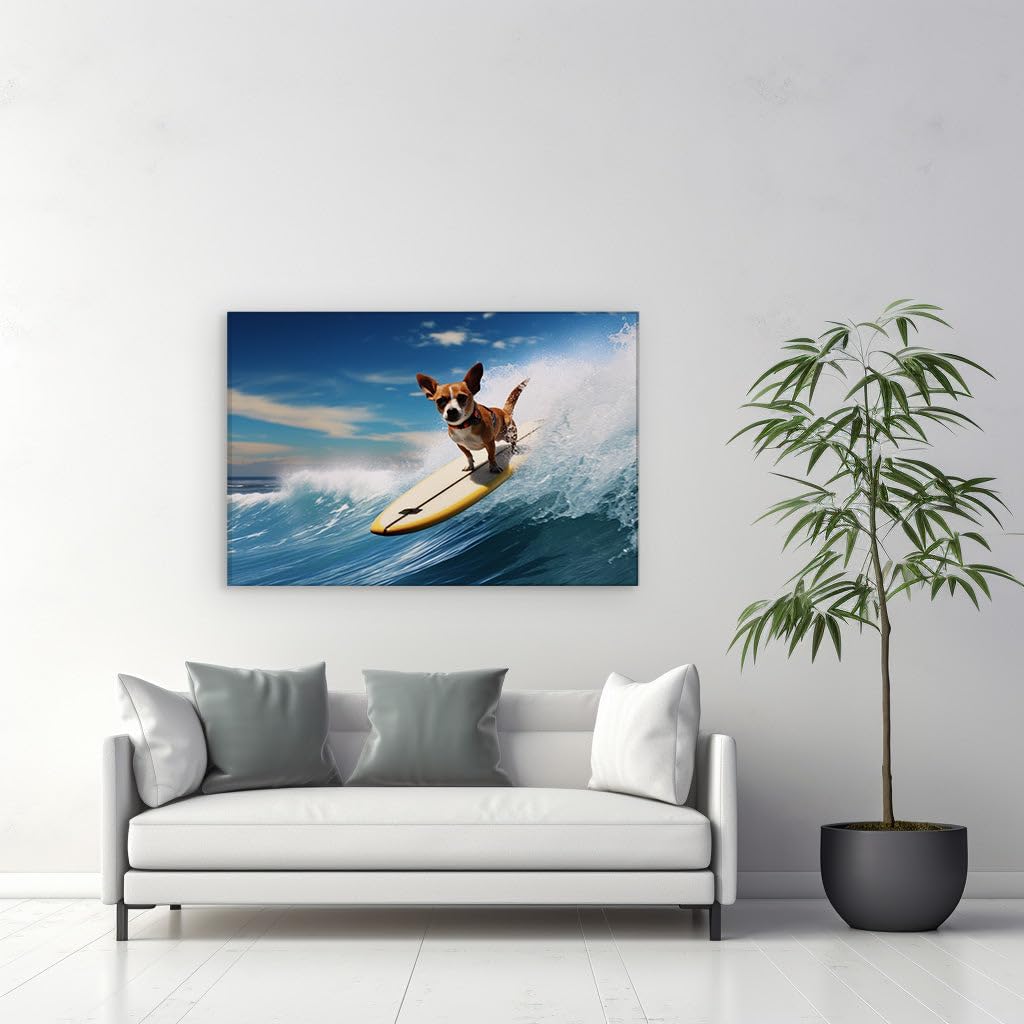 Canvas for Living room. Surf's Pup: A Canine Adventure on the Waves, 27 x 18 inch Canvas Wall Art - Ready to Hang