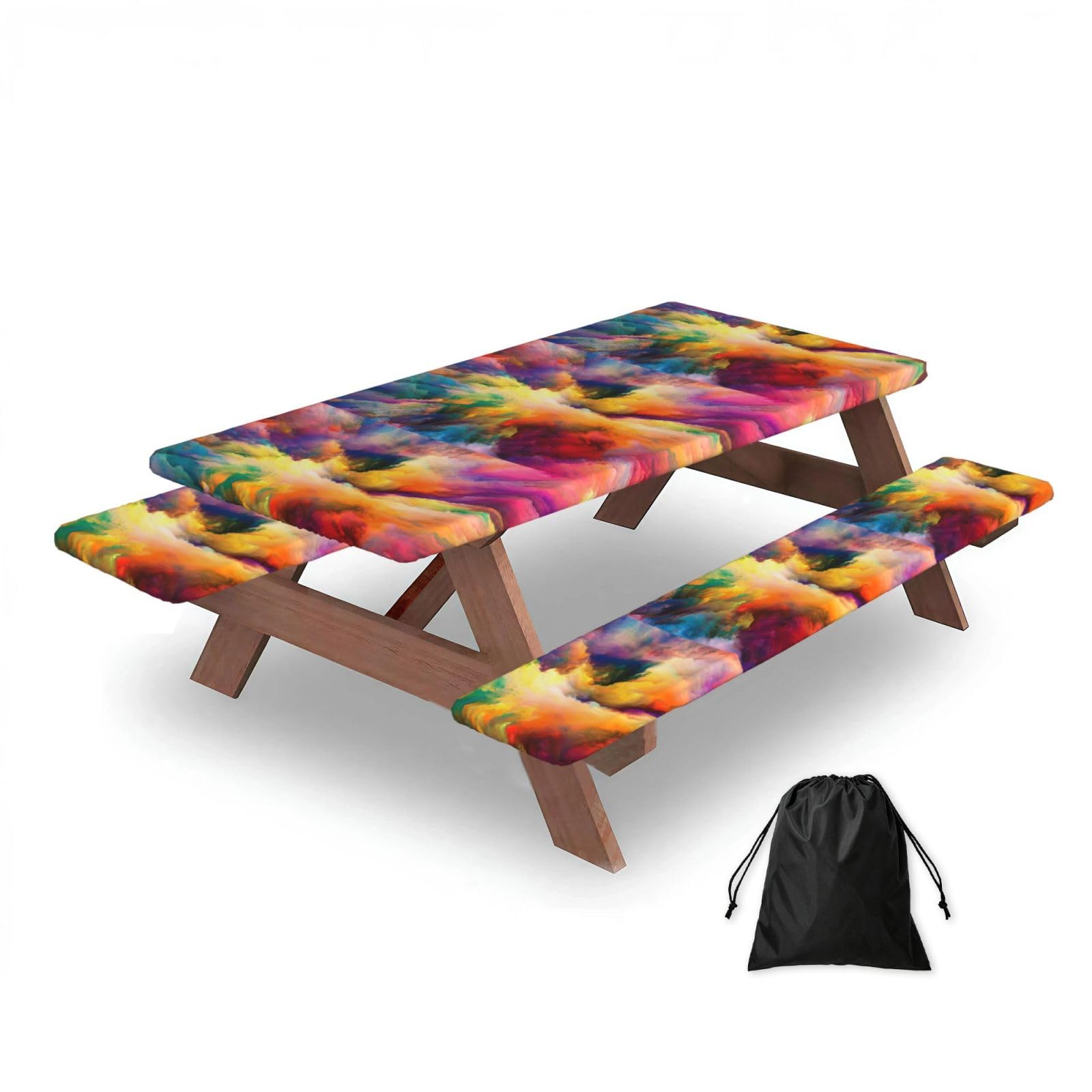 Dopklna As Picture Multi Coloured Cloud Explosion, Picnic Table Cover With Bench Covers -Waterproof Elastic Fitted Tablecloth For Garden Camping Patio 76X152cm
