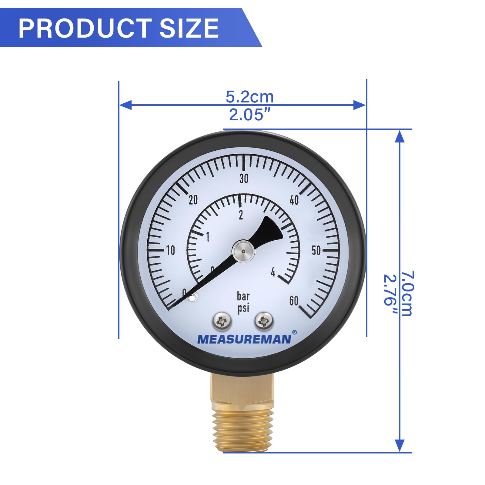 MEASUREMAN Juego de medidores de CO2 para barriles de cerveza, 0-60 PSI, escala doble, barra/PSI, esfera de 2 pulgadas, NPT de 1/4 pulgadas, montaje radial, caja de hierro negro, puntero de aluminio,