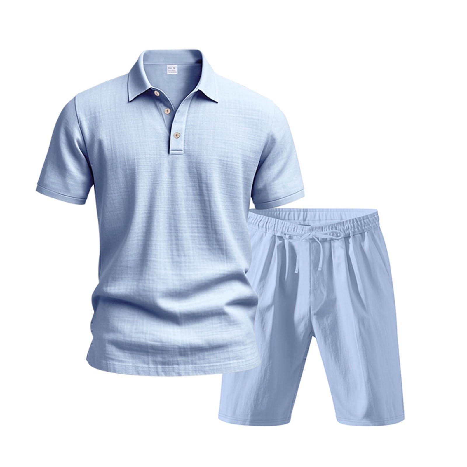Tute Eleganti Completi Estivi Uomo 2 Pezzi Set Magliette Polo Manica Corta A Bottoni E Pantaloni Corti Con Tasche Tinta Unita Traspirante Comodo Completo Lino E Cotone Per Spiaggia
