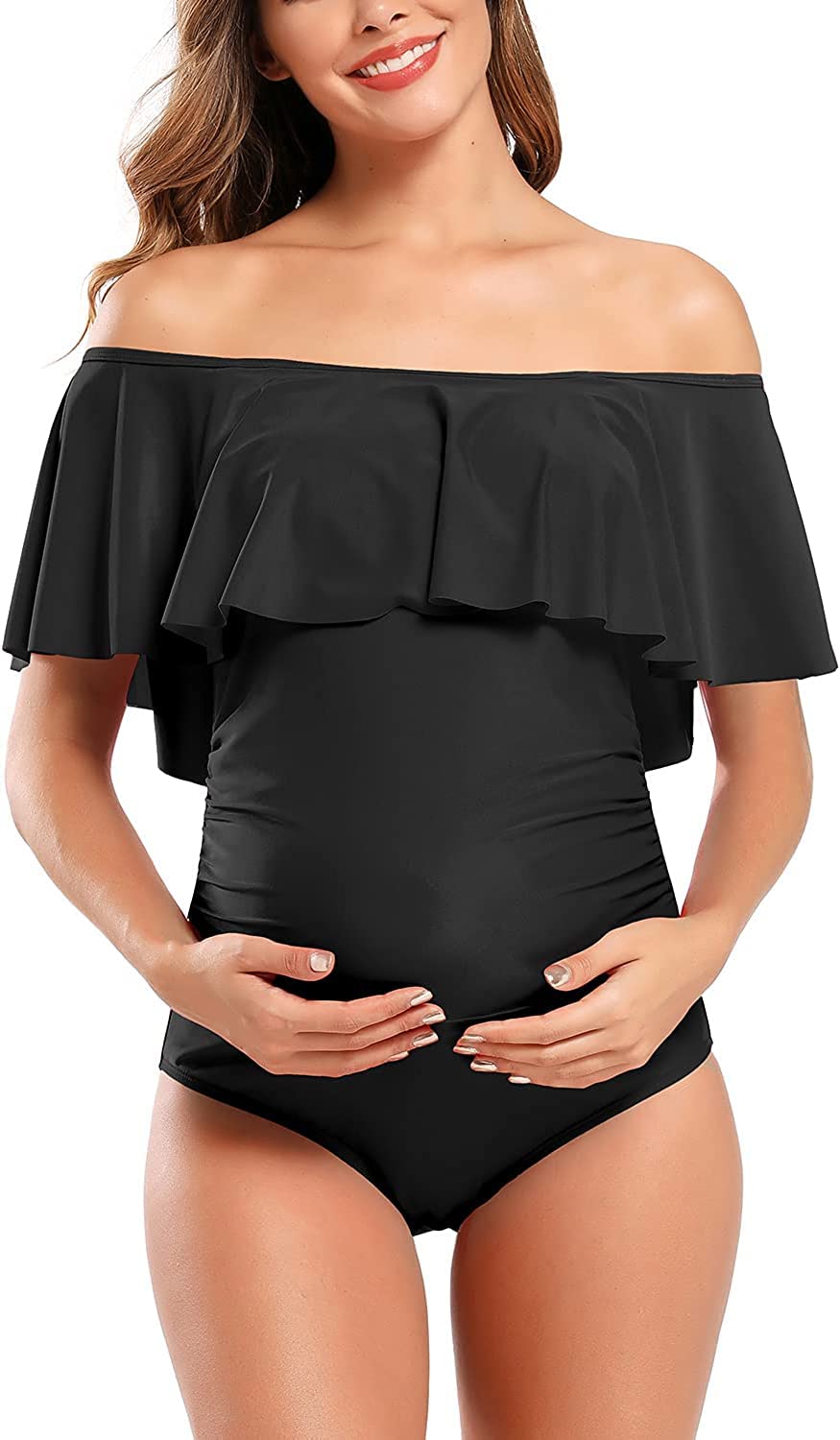 SHEKINI Maillots de bain de maternité une pièce à épaules dénudées maillot de bain à volants pour grossesse
