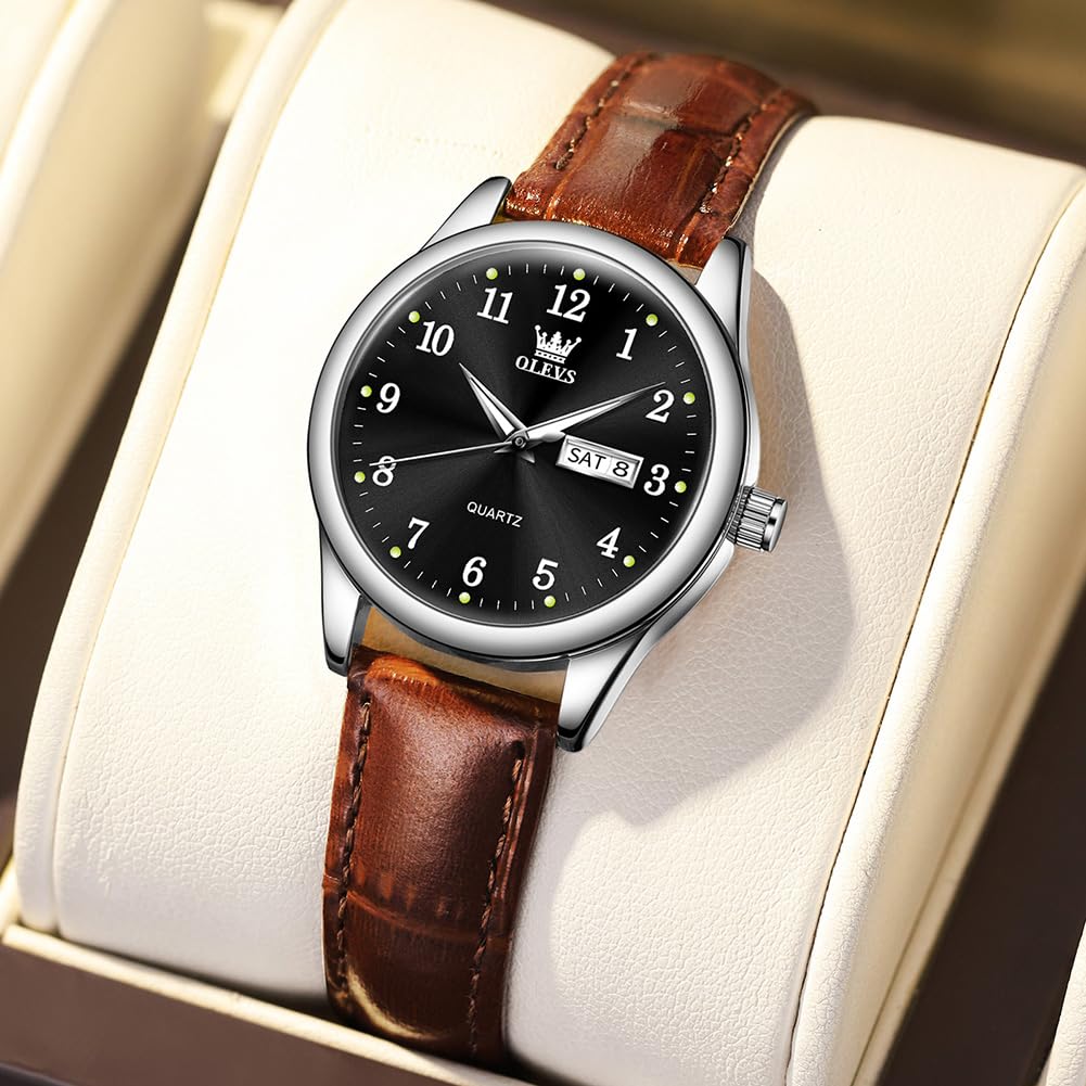 OLEVS Damen-Armbanduhr, Quarz, Lederband, Tag und Datum