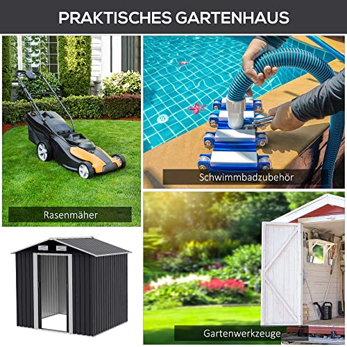 Outsunny Gerätehaus mit 2 Schiebetüren Metall Gartenhaus 2,6 m² Geräteschuppen verzinkter Stahl Schwarz 195,5 x 153 x… – Bild 7
