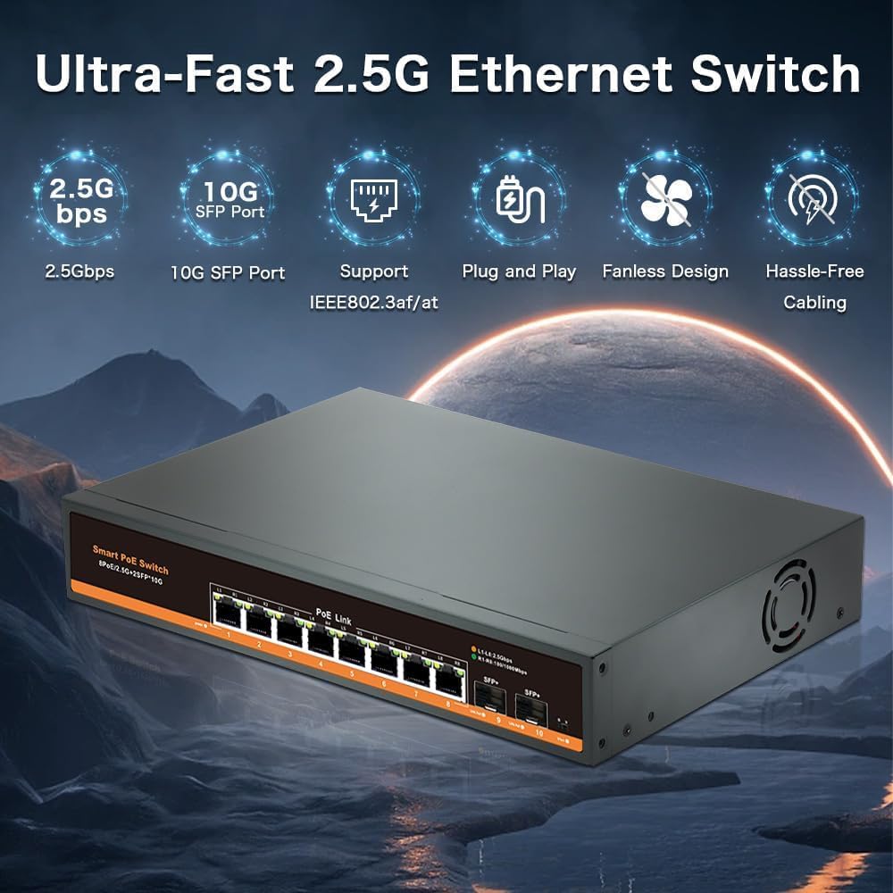 2.5G Unmanaged PoE Switch mit 8 x 2.5G Base-T Ports und 2 x 10G SFP Uplink Port, 120W kompatibel mit 100/1000/2500Mbps, Fanlesss Design, Plug & Play, 2.5Gb Power Over Ethernet Switch(10)