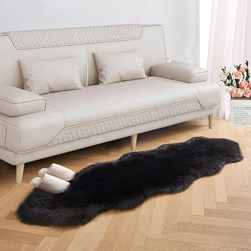 Alfombra suave y esponjosa con forma de piel de oveja sintética, alfombra de área de piel negra, funda de sofá, cojín de asiento, alfombra peluda