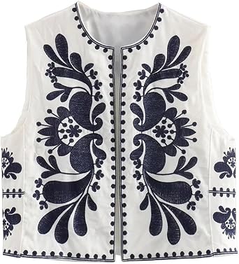 Boho Floral Embroidered Vest Women Vintage Open Front Sleeveless Waistcoat Summer Linen Outerwear Y2K Aesthetic