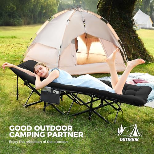 Image of JEAREY Camping Cot for Sleeping 28 inch Extra Wide, Heavy-Duty 1200D Oxford Foliding Cots for Adults Portable with Mattress, Carry Bag for Guest, Travel, Hiking, Black