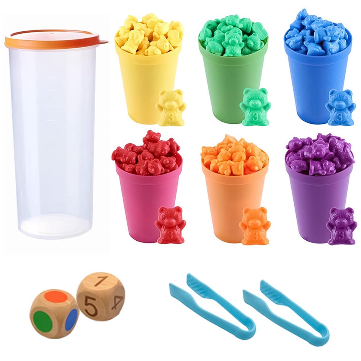 CENPEK 71pcs Rainbow Counting Bears Kits, Counting Bears Set with Matching Sorting Cups Dices and Tweezers Montessori Matching Game