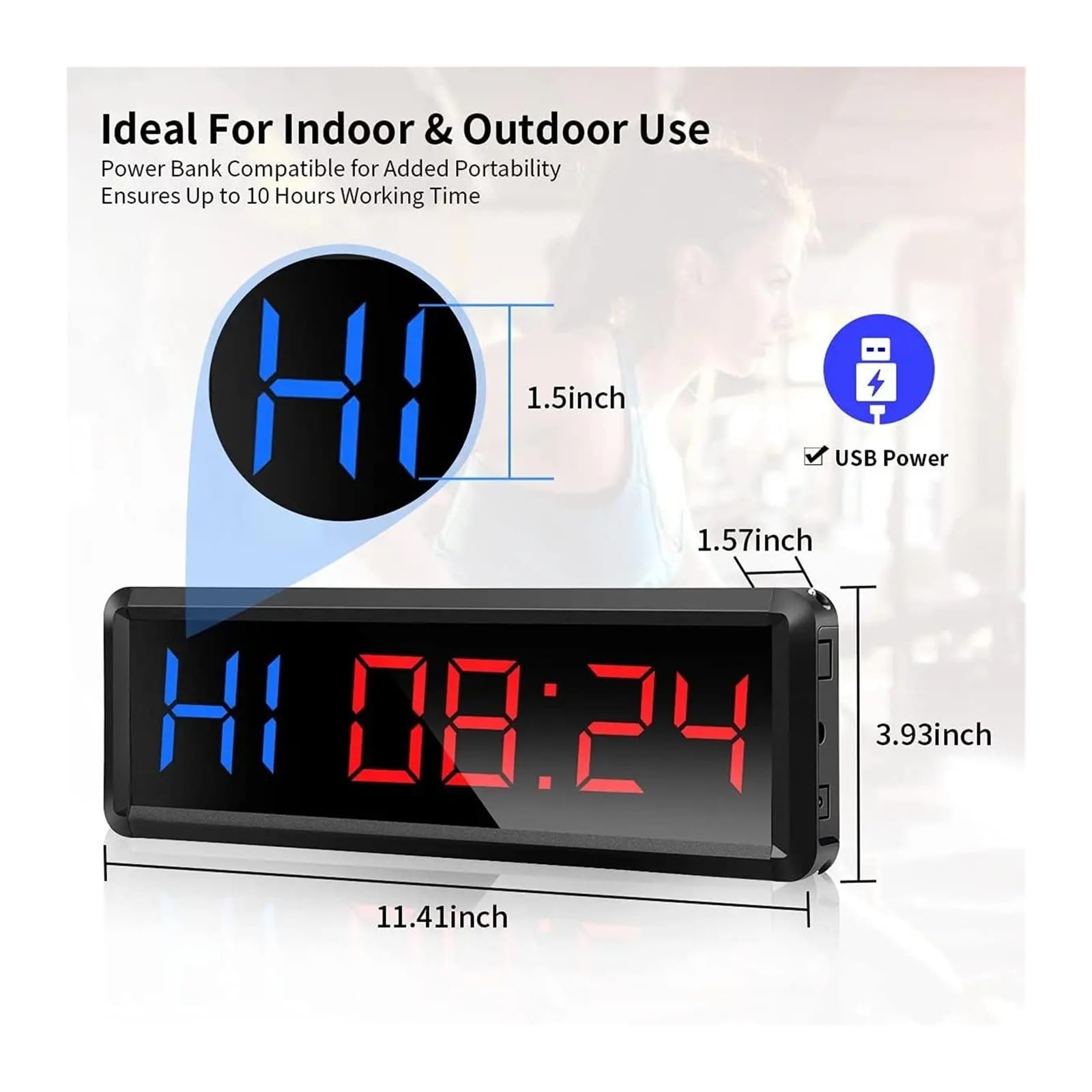 Minuteur de gym, chronomètre d'entraînement LED avec compte à rebours/accéléré, écran numérique ultra-clair 11,5" x 4", en métal, plusieurs modes d'affichage et télécommande. Commande facile