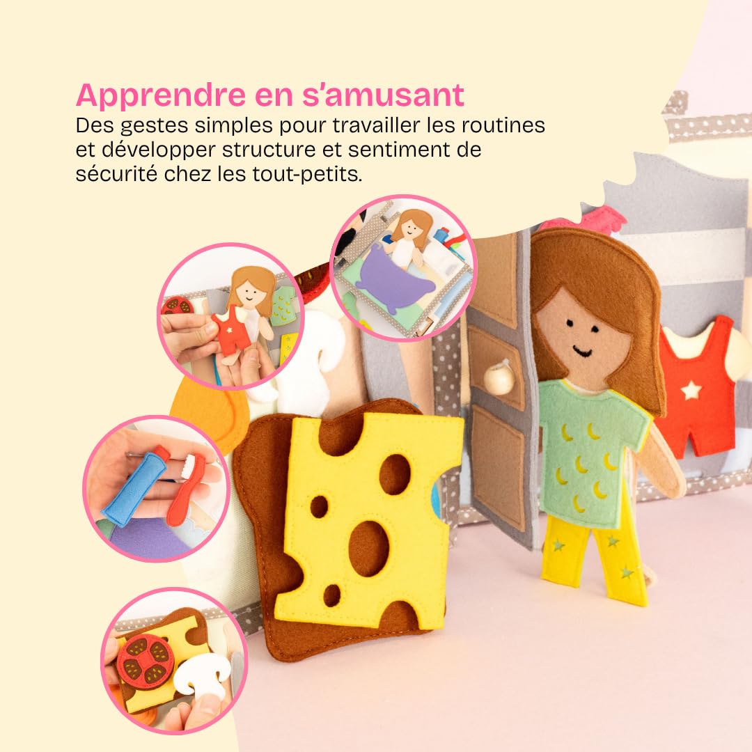 Jolly Designs Quiet Book - Jouet Montessori à partir de 18 mois - Livre sensoriel en tissu pour enfants - Livre Busy Book en feutre fait à la main - Jouet éducatif et jouet de voyage