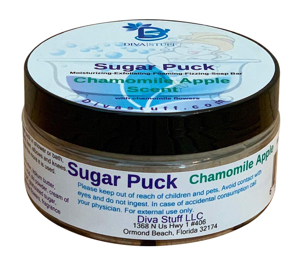 Diva Stuff Sugar Puck, Unique Sugar Scrub Soap Bar, Exfoliating, Foaming, Moisturizing and Fizzing (Chamomile Apple)