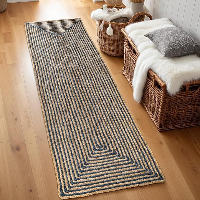 Tapis de couloir en jute tressé main bleu marine 0,8x3m pour entrée