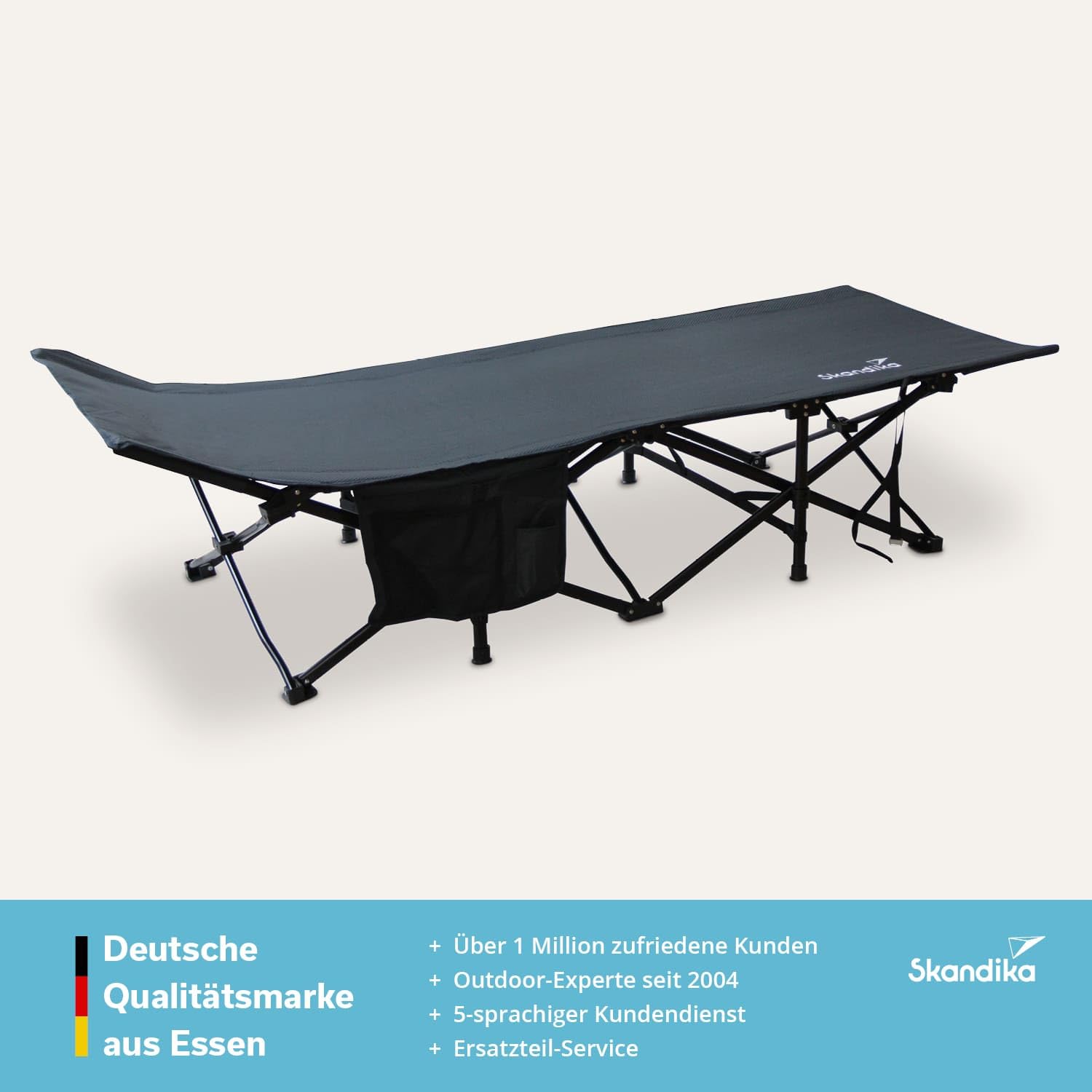 Skandika Erola Lit de Camp | Lit Pliant Confortable, Stable, Max. 150 kg, Grande Surface de Couchage 190 x 68 cm, Pliable, Poche latérale | Lit de Camp pour Le Camping, la Tente