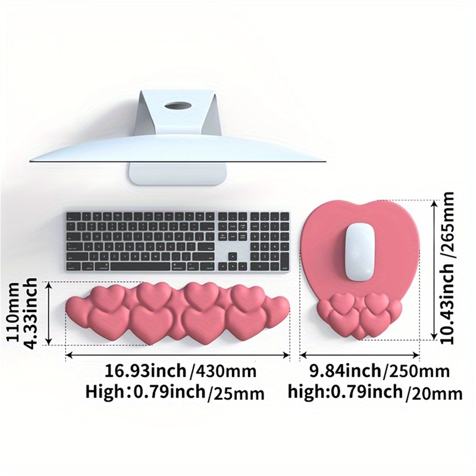 Poggiapolsi per tastiera 1 Set Heart Shape Mouse Pad With Gel Filled Wrist Rest - Ergonomic Keyboard Support Non-Slip per Office(Pink)