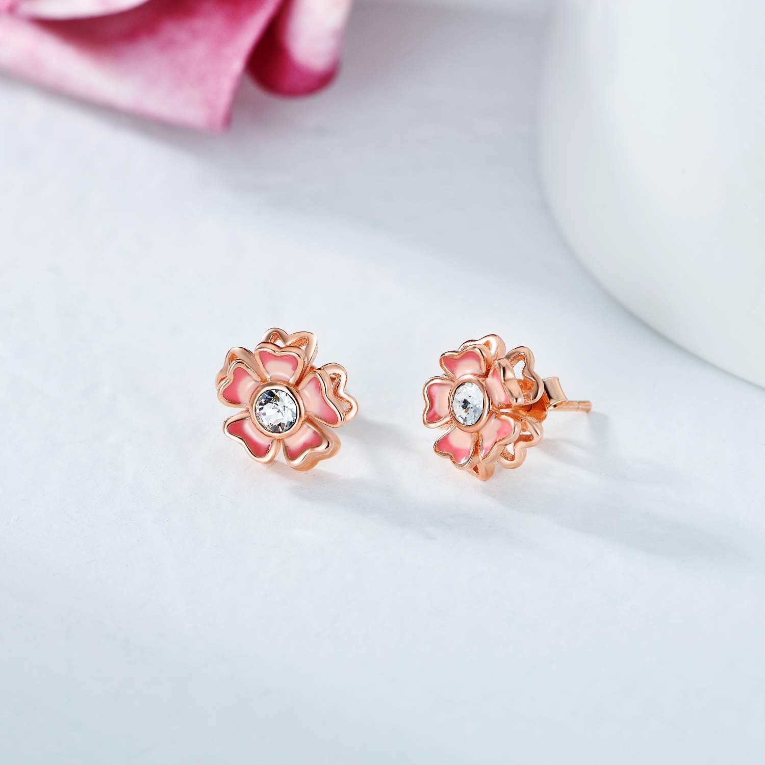 AOBOCO Sterling Silver Flower Series Stud Earrings with Crystals, Birthday Christmas Jewelry Gift for Her
