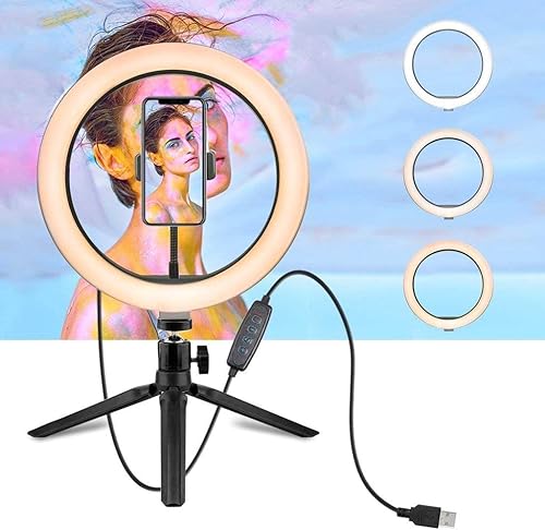 Anillo de luz para selfie de 10 pulgadas, anillo de luz LED de escritorio con soporte de trípode y soporte para teléfono, luz regulable compatible