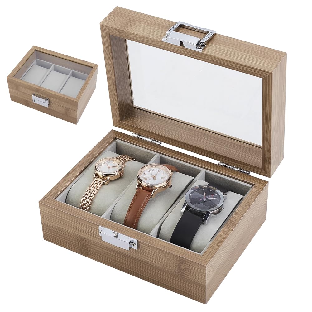 Scatola per Orologi, espositore in Legno a 3 Scomparti con Finestra in Vetro Trasparente e Cuscino in Velluto, Organizer per Orologi e Gioielli per Uomo e Donna, Regalo di Natale e comple
