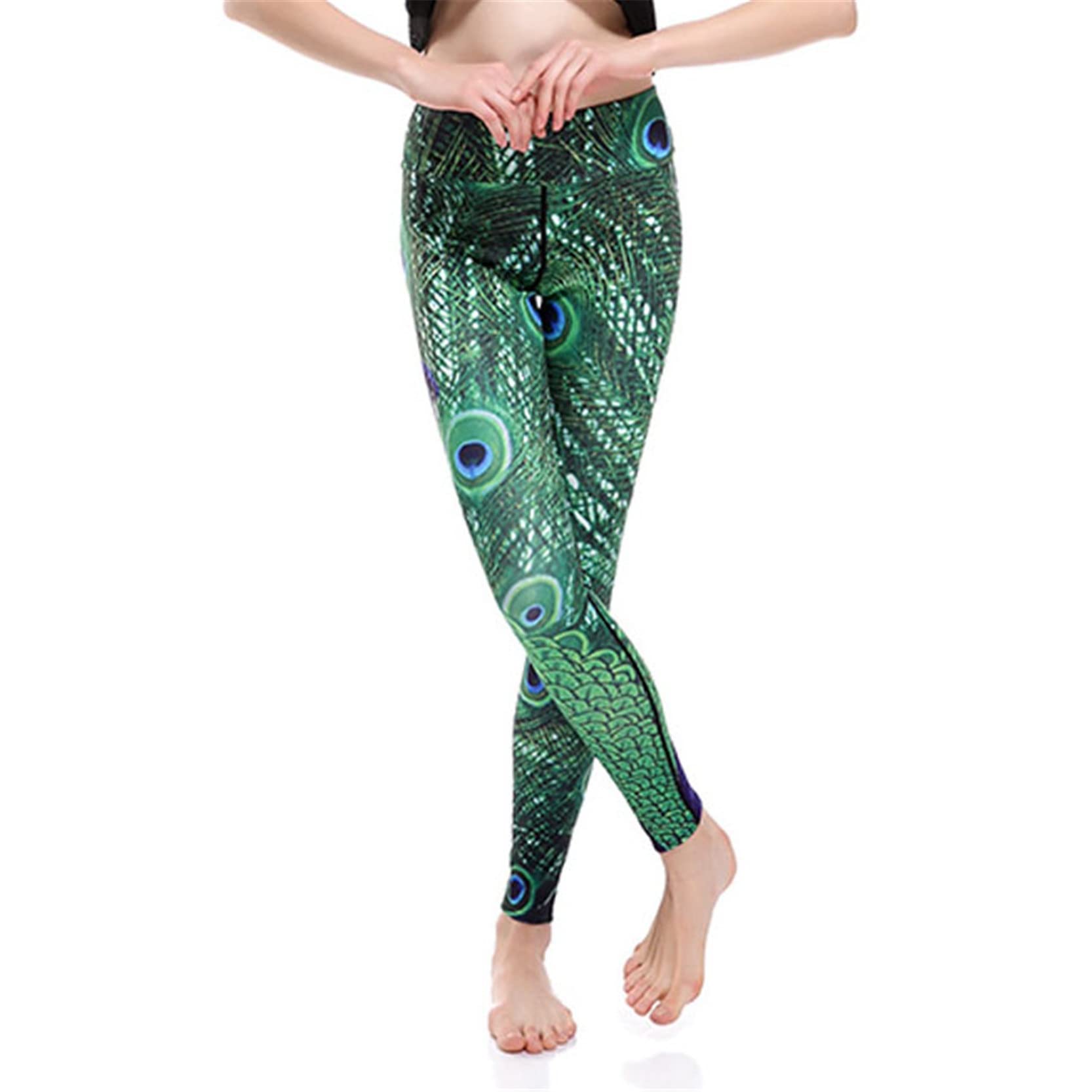 Leggins Mujer Push Up Pantalones Fitness Mallas, Pavo de pavo real Impresiones de plumas Leggings Longitud de tobillo Levantamiento de culo Pantalones de yoga Pantalones deportivos flacos Seco rápido
