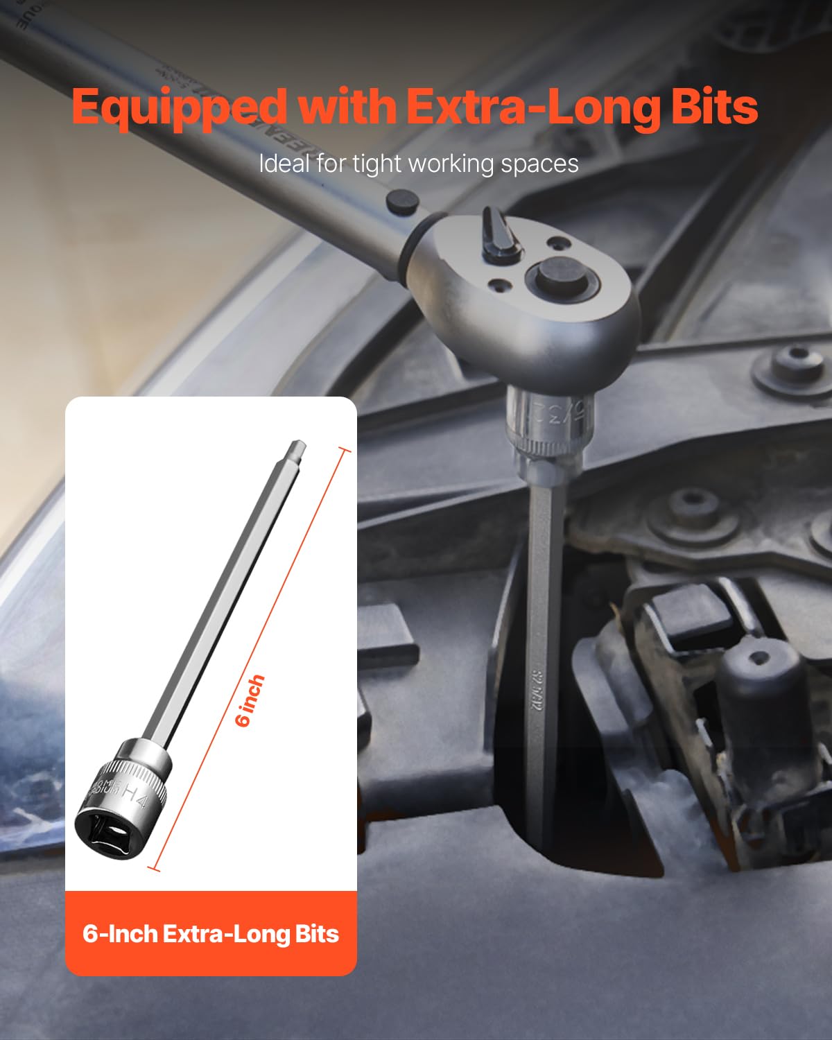 VEVOR Set di Chiavi a Bussola Esagonali Lunghe per Meccanici 18 Pezzi Attacco da 3/8 pollice in Acciaio Legato S2 Acciaio Cr-V, Standard SAE e Metrico da 1/8 pollice a 3/8 di pollice, 3-12 mm