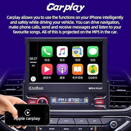 Miniatura 2 de Estéreo de coche 1DIN con Carplay inalámbrico y Android Auto de 7 pulgadas, pantalla táctil eléctrica abatible HD, radio para automóvil, compatible