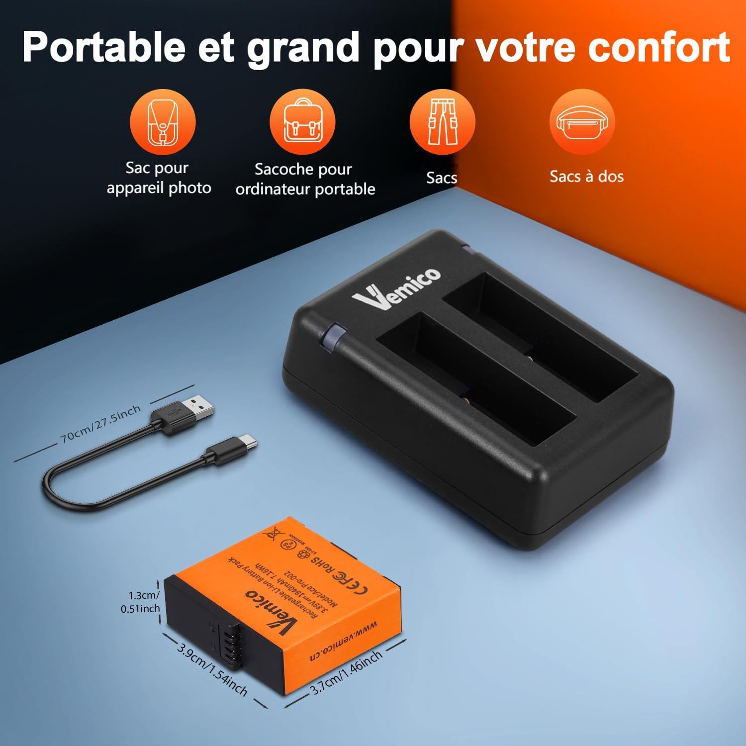 Vemico 360 Ace Pro 2 Chargeur de Batterie Kit 2 Batteries de Rechange 1840 mAh Chargeur LED Double Canal de Type C avec Interface de Chargement Micro USB pour caméra 360 Ace Pro 2/360 Ace/360 Ace Pro