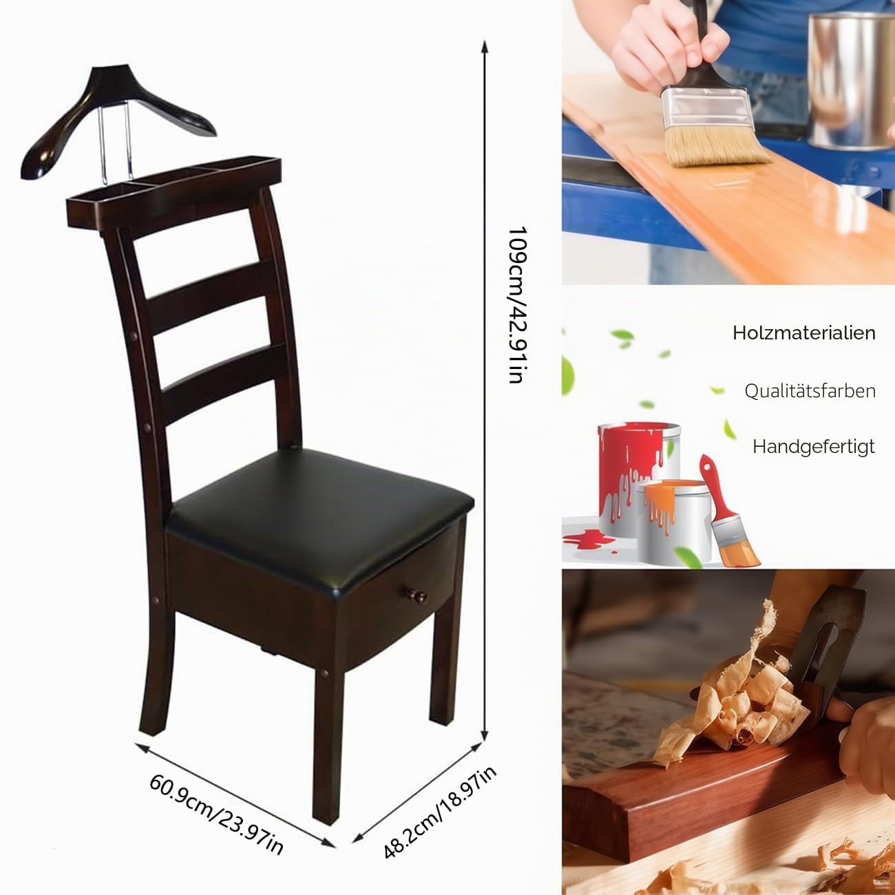 Natur Herrendiener mit Kleiderbügel Accessoire-Fach und Hosenbügeln Stuhl Valet aus Holz mit Schubladen Diener Kleiderständer faltenfreie Anzüge für Schlafzimmer Stummer Diener Damen Herren