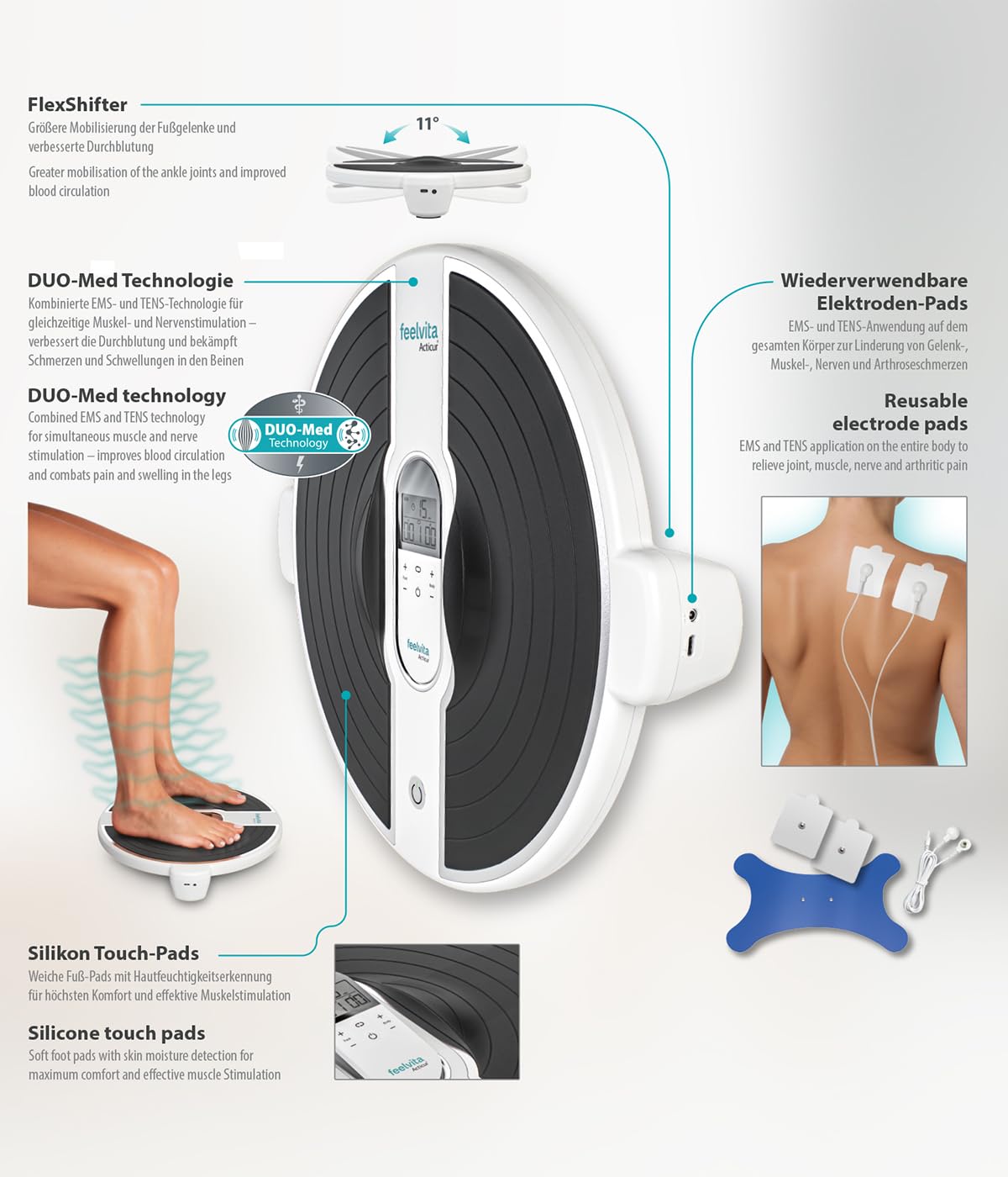 Genius Feelvita Acticur Vital-Set 13-tlg Durchblutungs- Stimulator Bein und Fuß, EMS & TENS Gerät mit 3 Elektrodenpads für Neuropathie, Krämpfe, Knie Beinschmerzen inkl. Blutdruckmessgerät Handgelenk