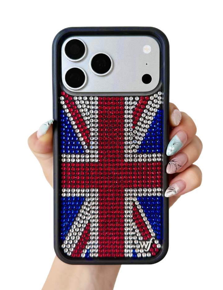 Image of Wildflower Cases - Compatible with iPhone 16 Pro Max | Protective Black Bumper, 6.5ft Drop Test Certified, Women Owned Small Business | Rhinestone Union Jack