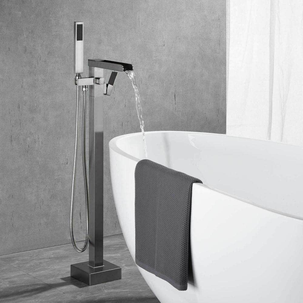Filtro per Vasca da Bagno autonomo da Pavimento con Rubinetto per Vasca in Nichel Spazzolato con spruzzatore,