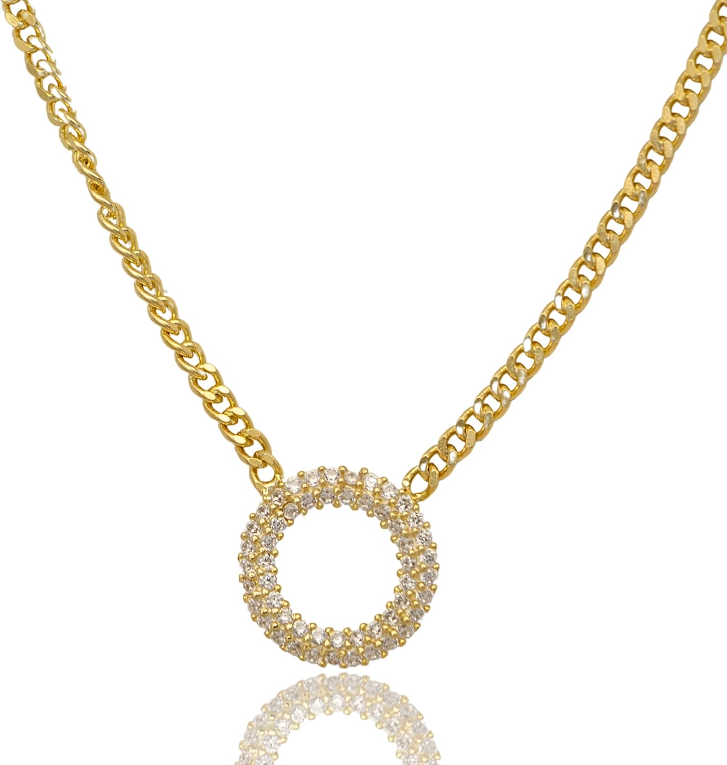 14K Gold Plated Curb Chain Necklace with Round Diamond Circle Pendant, Open Circle Pendant Necklace, Silver Necklace, Handmade Necklace, Gift for All