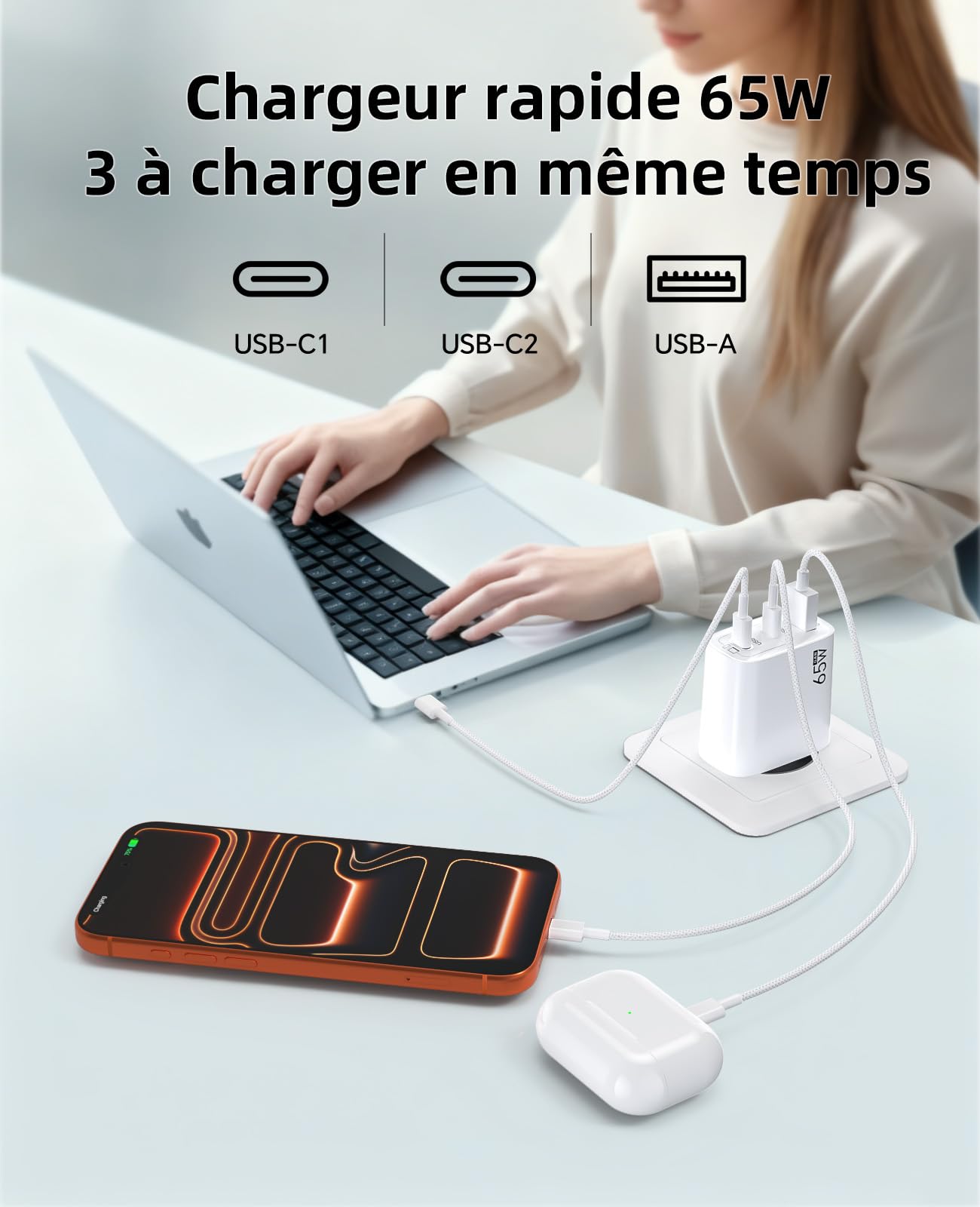 Chargeur USB C 65W 3-Ports GaN III Charge Rapide PD3.0 PPS, avec Câble Tressé 1.8M, Compatible avec MacBook Pro/Air/Neo, iPhone 17/16/15, iPad Pro, Samsung Galaxy S25/S24/S23 Ultra, Google Pixel 10/9