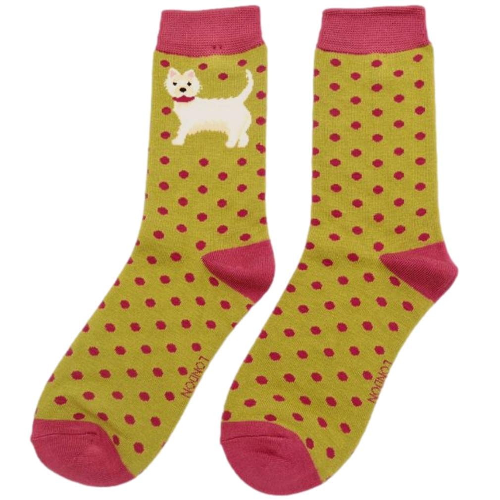Purple Possum® Westie Socks Ladies West Highland Terrier Dogs Lime Green Pink Polka Dots Bamboo Cute