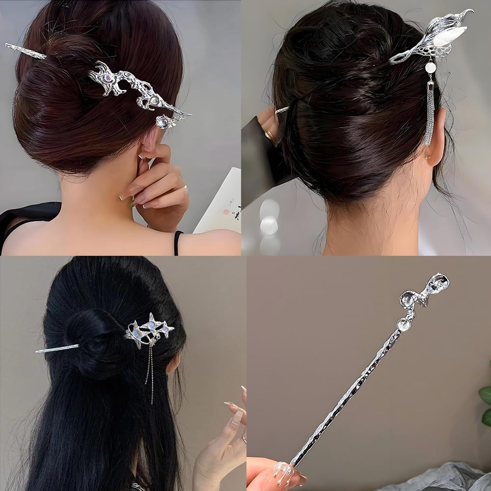 5pcs Star Moonstone Hair Sticks for Buns Long Hair Metal Silver