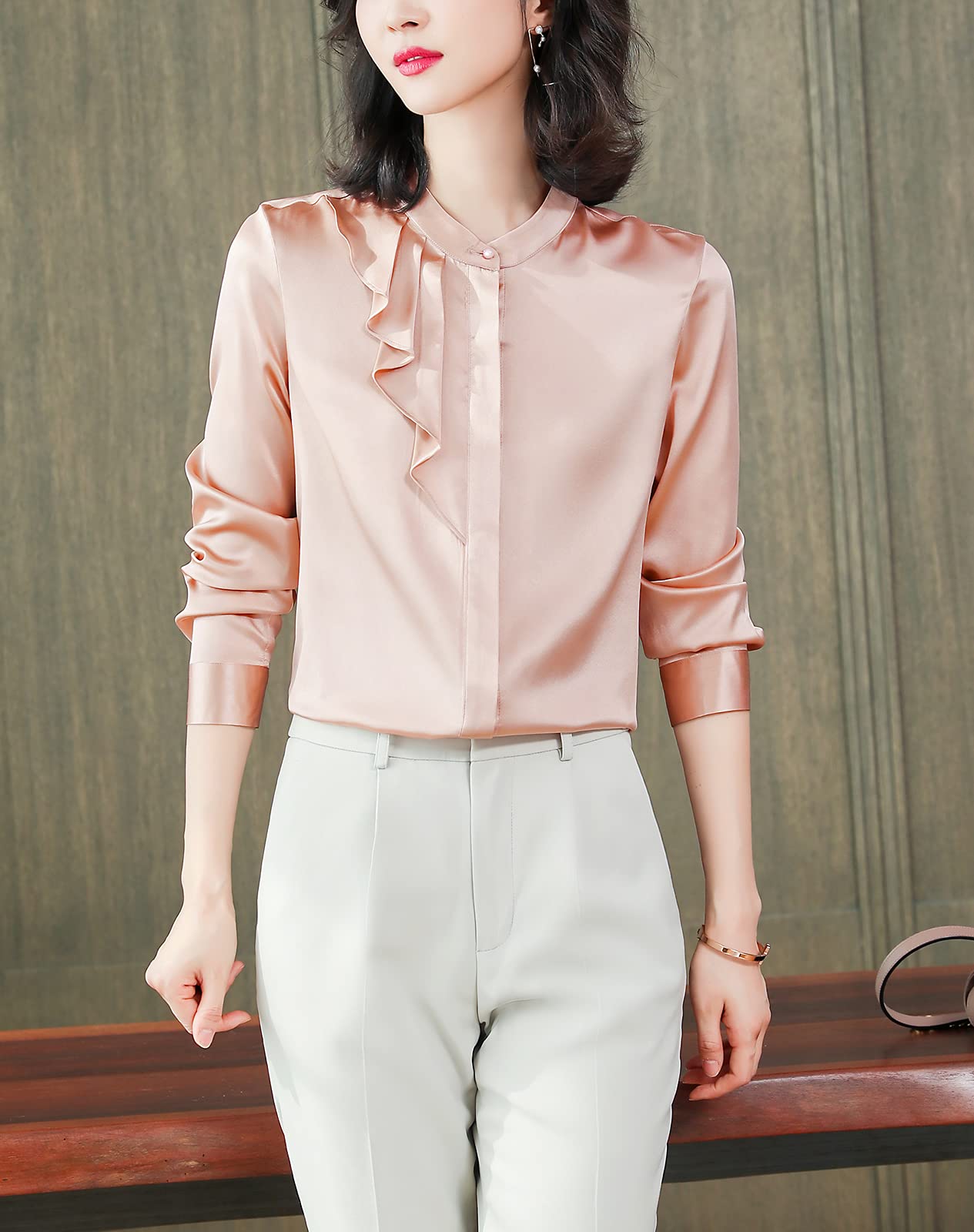 E-girl Blusa de seda para mujer, camisa de seda sólida, con botones, manga larga, cuello alto, blusa de seda, S6625