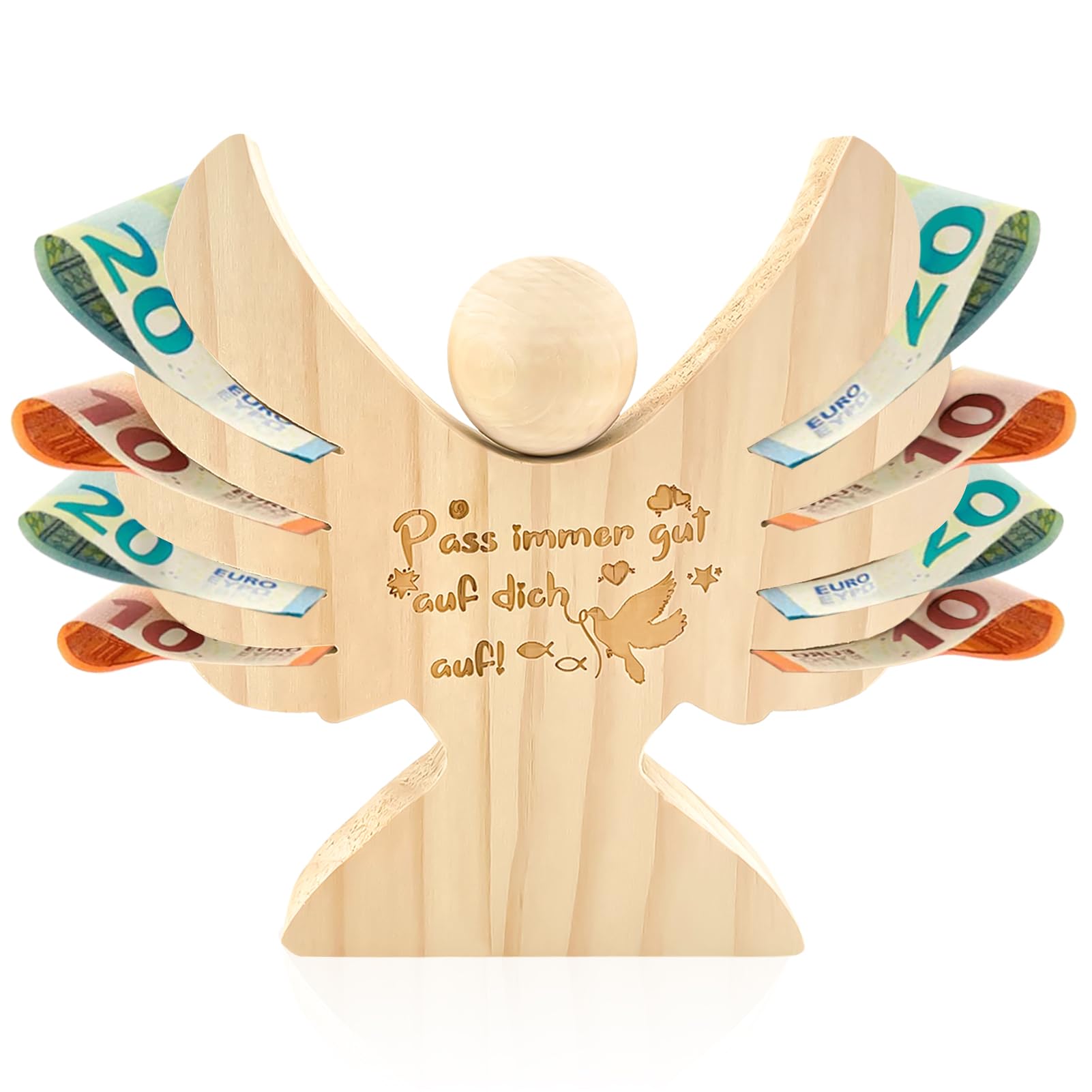 Lets Joy Holzengel mit Gravur zur Taufe, Geldgeschenk zur Taufe Kommunion, Pass Immer Gut auf Dich auf Holzengel, Holzengel Kommunion Taufdekoration, Konfirmations Deko Geschenke für Mädchen Junge