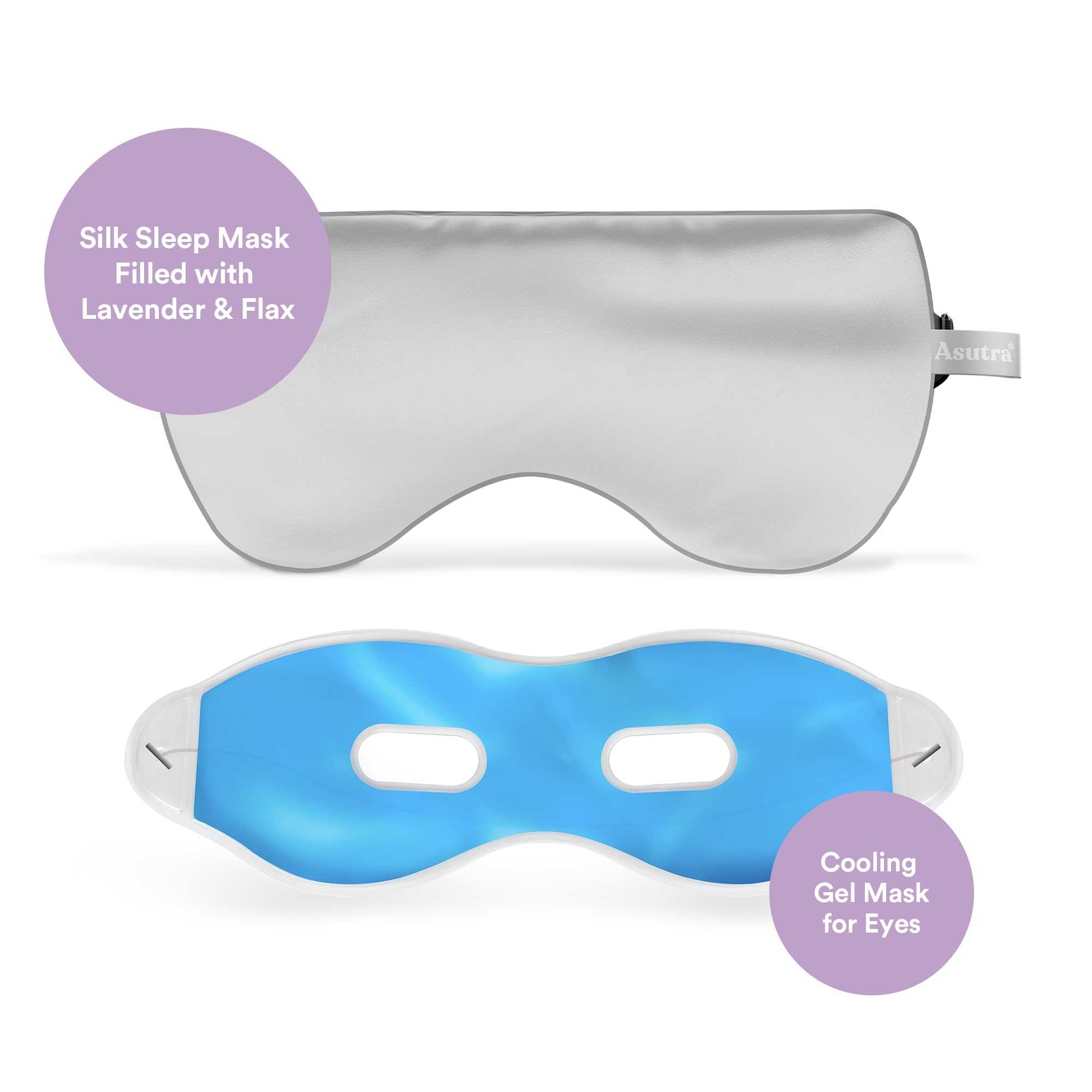 ASUTRA Silk Eye Pillow for Sleep, Silver - Filled w/Lavender Buds & Flax Seeds, Weighted Eye Mask, Meditation & Light Blocking Blindfold, Cooling Gel Mask Included