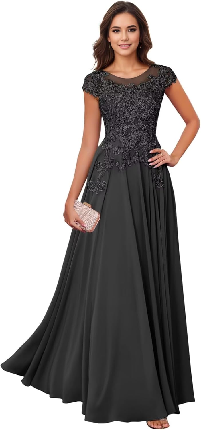 Mother of The Bride Dresses O Neck Lace Appliques Wedding Guest Dresses Chiffon Long Formal Dress Cap Sleeve