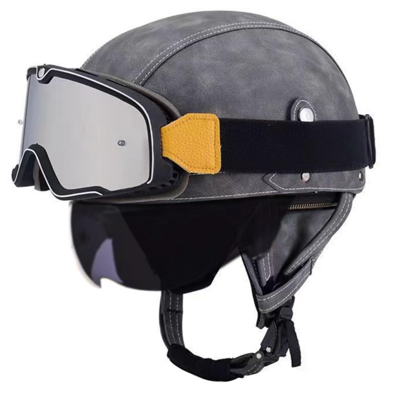 Skórzany kask motocyklowy w stylu vintage z okularami i klapą przeciwsłoneczną, kask motocyklowy do skuterów, cruiserów, homologacji DOT/ECE, unisex