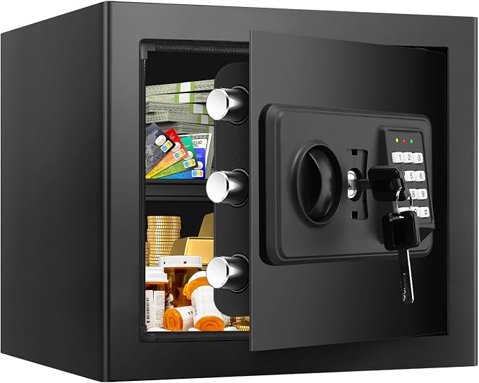 1.6 Cuft Small Home Safes Water and Fireproof, Fire proof Safes for Home Use, Anti-Theft Security Safe Box With Digital Keypad & Removable Shelf and Led Light, Money Safes for Documents Valuables