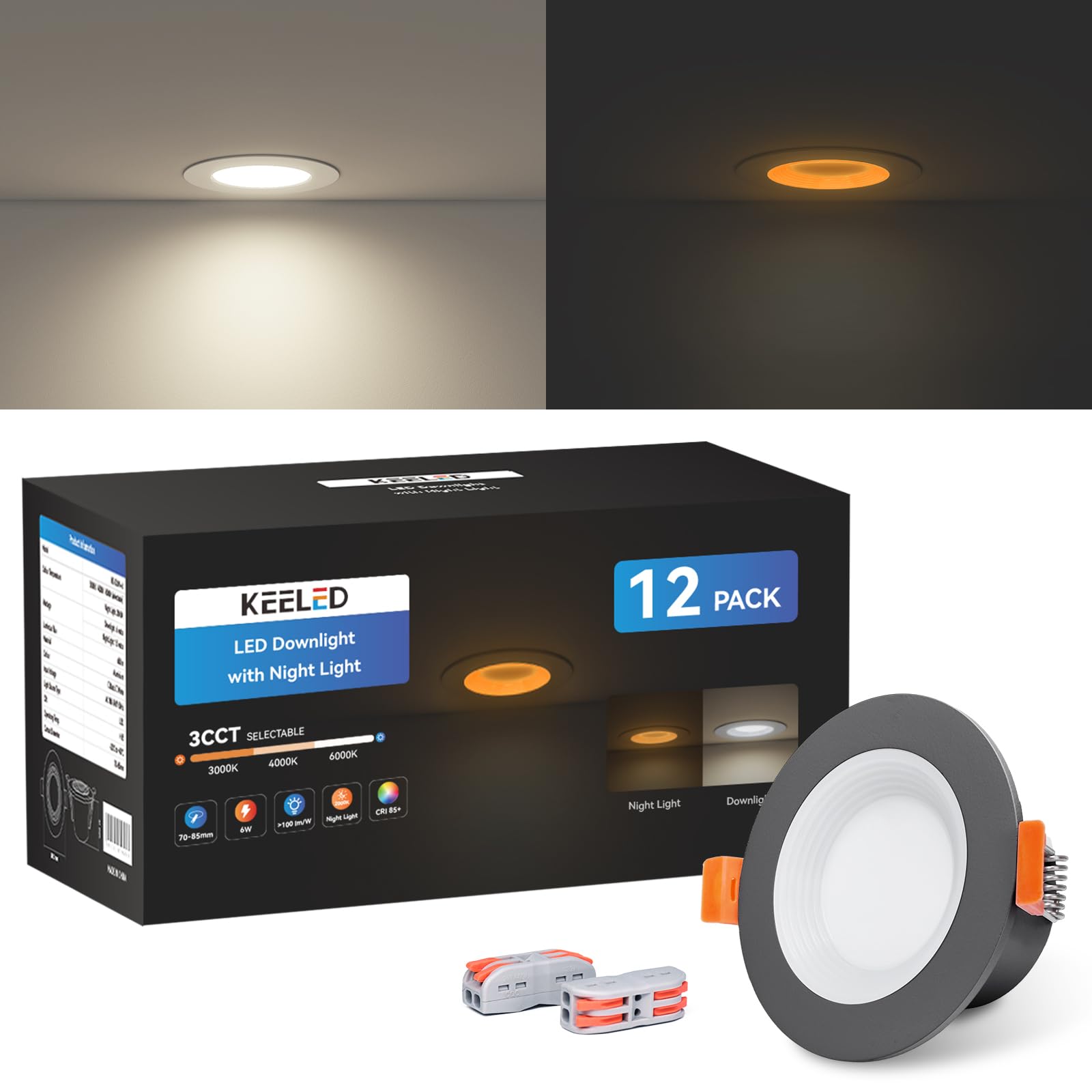 KEELED Schwarz Einbaustrahler LED 6W, mit Nachtlicht 1.5W, LED Spots 230v, 3000K/4000K/6000K Wählbar, Schnittloch 70-85mm, IP44, Gehäuse aus Aluminiumdruckguss, 12er Set